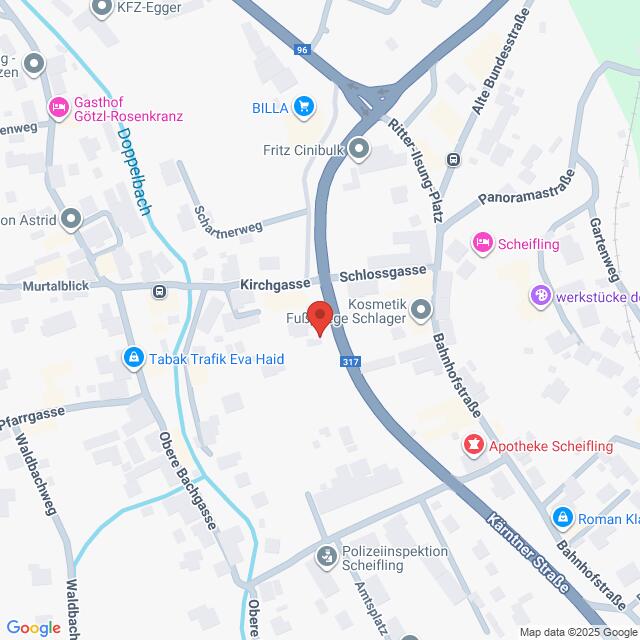Lehrlingsportal.at Karte eines Teils von Scheifling, Österreich, mit beschrifteten Straßen, Geschäften und Sehenswürdigkeiten; eine rote Markierung zeigt einen bestimmten Ort in der Kirchgasse an.