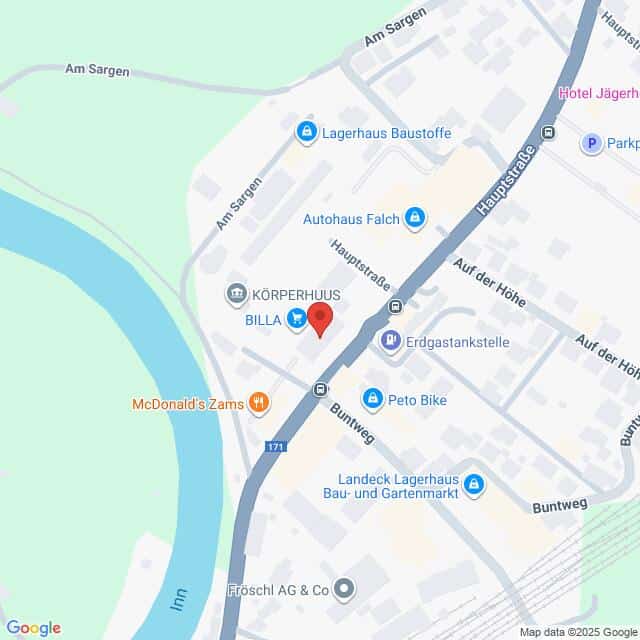 Lehrlingsportal.at Die Karte zeigt einen Ausschnitt von Zams, Österreich, und hebt Orte wie BILLA, McDonald's, Autohaus Falch und die nahe gelegenen Straßen Hauptstraße und Buntweg hervor.
