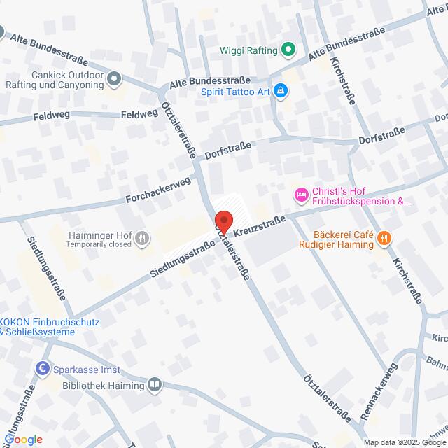 Lehrlingsportal.at Eine Karte, die auf die Kreuzung Siedlungsstraße und Kreuzstraße in Haiming, Österreich, zentriert ist und nahegelegene Straßen und Geschäfte zeigt.
