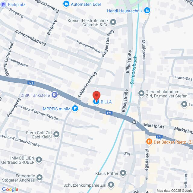 Lehrlingsportal.at Eine Karte, die den Standort eines BILLA-Lebensmittelgeschäfts in Zirl, Österreich, an der Kreuzung Bühelstraße und Franz-Plattner-Straße zeigt, mit Beschriftung der umliegenden Geschäfte und Straßen.