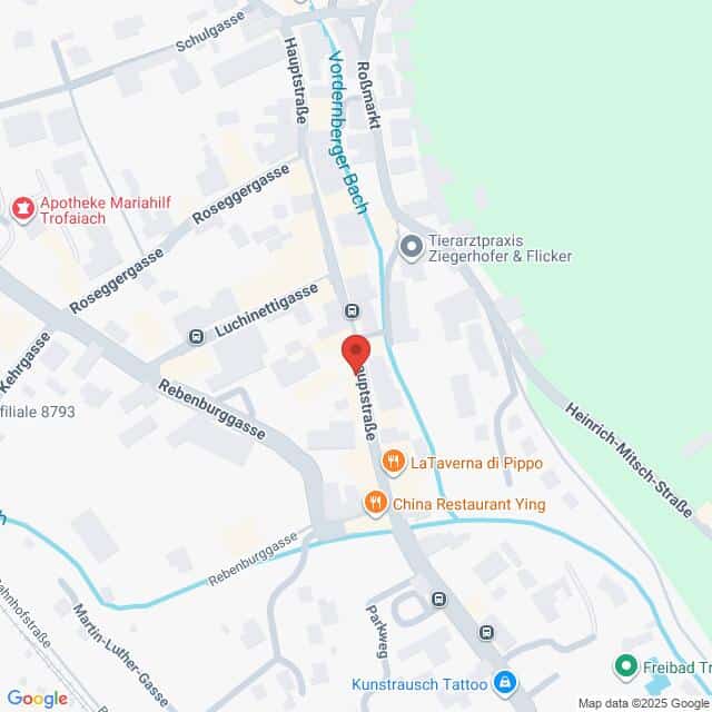 Lehrlingsportal.at Karte mit einem Ausschnitt von Trofaiach, Österreich, mit eingezeichneten Straßen, lokalen Geschäften und Sehenswürdigkeiten, zentriert auf der Hauptstraße.