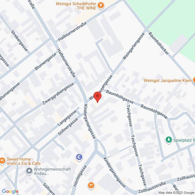 Lehrlingsportal.at Eine Karte, die Straßen und Sehenswürdigkeiten in einem Viertel zeigt, mit einer roten Stecknadel, die eine Adresse an der Kreuzung von Baumhöhen- und Kindergartengasse markiert.