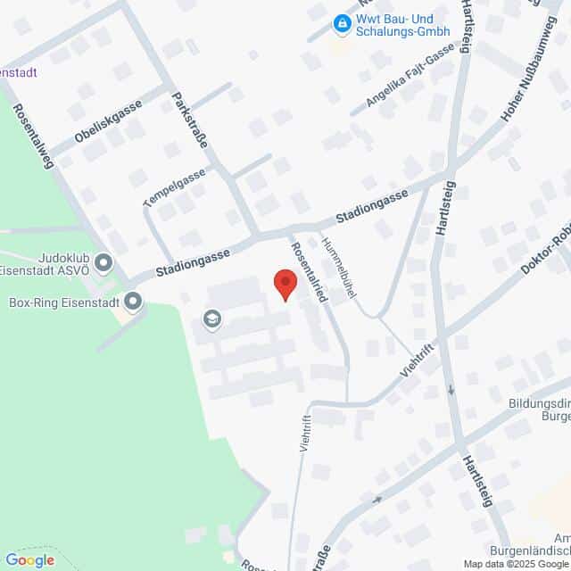 Lehrlingsportal.at Die Karte zeigt einen Ausschnitt von Eisenstadt, Österreich, zentriert auf die Kreuzung Stadiongasse und Rosenstadt, mit Beschriftung der umliegenden Straßen und Sehenswürdigkeiten.