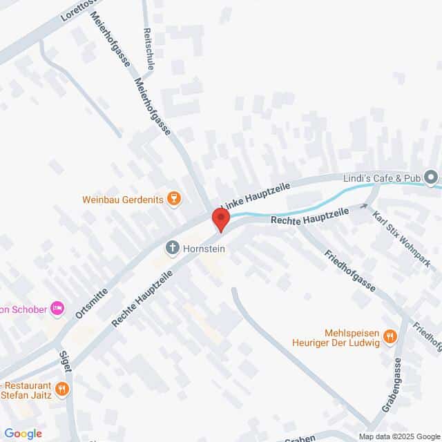 Lehrlingsportal.at Eine Karte, die die Kreuzung der Straßen Linke Hauptzeile, Rechte Hauptzeile und Friedhofgasse in Hornstein, Österreich, zeigt und die nahegelegenen Restaurants und Geschäfte markiert.