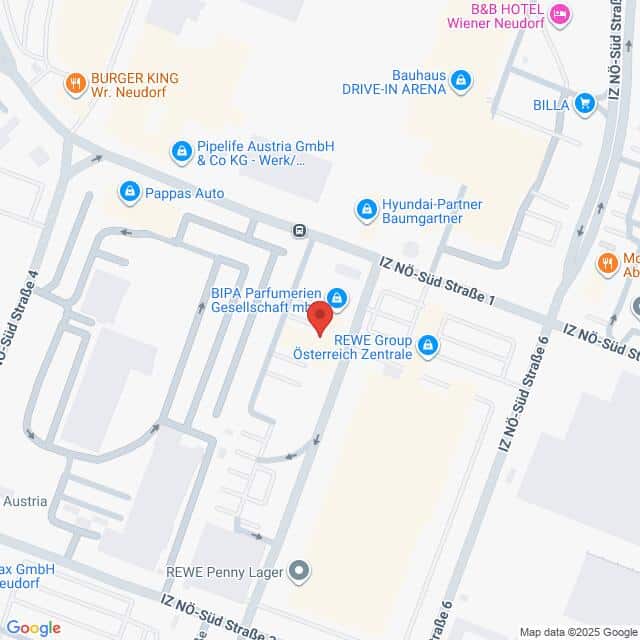 Lehrlingsportal.at Karte mit Geschäften in der Nähe des IZ NÖ-Süd Straße 1 in Wiener Neudorf, darunter BIPA, REWE Group, Pappas Auto und benachbarte Geschäfte und Restaurants.