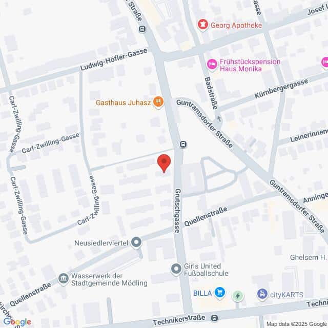 Lehrlingsportal.at Karte der Kreuzung Gumpoldskirchner Straße, Quellenstraße und Glücksichgasse in Mödling, Österreich, mit Beschriftung der örtlichen Sehenswürdigkeiten und Geschäfte.