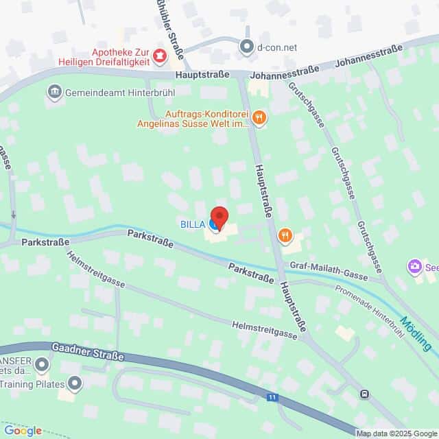 Lehrlingsportal.at Digitale Karte mit roter Standortmarkierung in der Nähe von "BILLA" in der Parkstraße in Hinterbrühl, Österreich, mit Anzeige der umliegenden Straßen und Geschäfte.