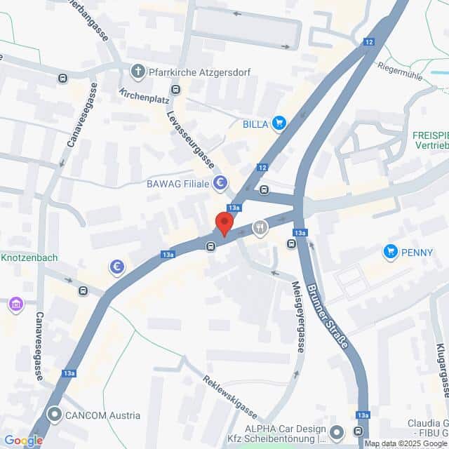 Lehrlingsportal.at Eine Karte mit Straßen und Orten in Atzgersdorf, Wien, mit Markierungen für Unternehmen wie BILLA, PENNY und CANCOM Austria.