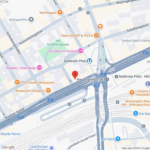 Lehrlingsportal.at Karte der Umgebung des Südtiroler Platzes in Wien, Österreich, mit Hervorhebung von Straßen, Geschäften, Restaurants und nahegelegenen Transportmöglichkeiten.