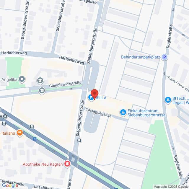 Lehrlingsportal.at Karte mit der Lage von BILLA in der Siebenbürgerstraße in Wien, Österreich, in der Nähe von Harlacherweg und Castagnagasse, mit Beschriftung der umliegenden Straßen und Geschäfte.