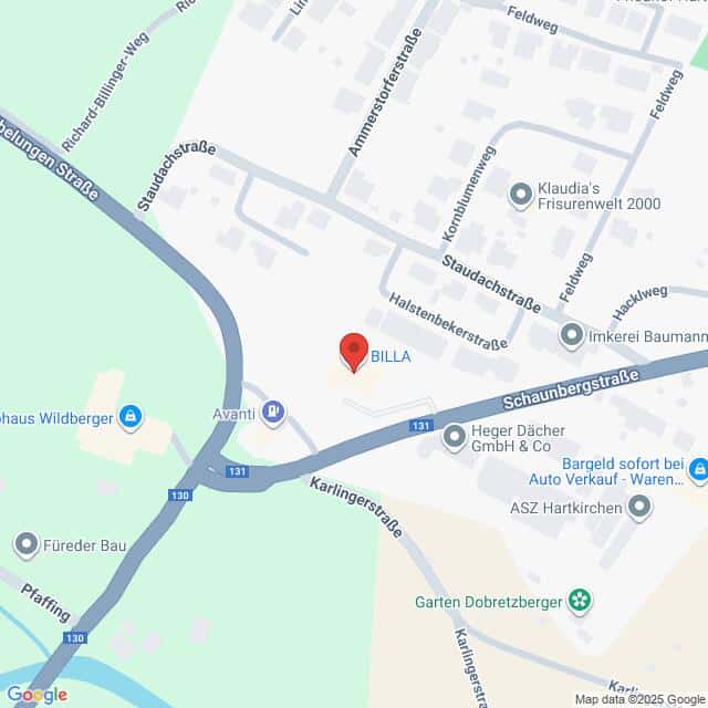 Lehrlingsportal.at Eine Karte, die den Standort von BILLA in der Nähe der Kreuzung Schaubergstraße und Karlingerstraße zeigt, mit Beschriftung der umliegenden Straßen und Geschäfte.