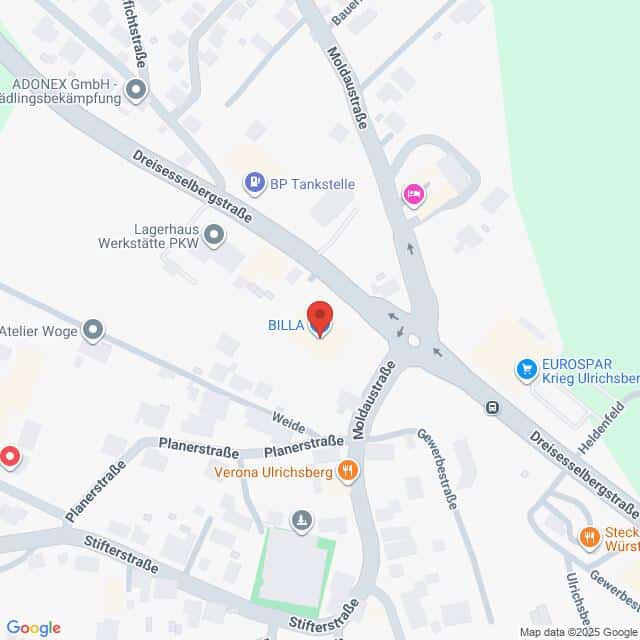Lehrlingsportal.at Karte mit der Lage von BILLA in der Nähe der Kreuzung Dreiseselbergstraße und Stifterstraße in Ulrichsberg, mit Beschriftung der umliegenden Geschäfte und Straßen.