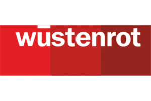 Lehrlingsportal.at Das Logo zeigt das Wort "wüstenrot" in weißen Kleinbuchstaben über drei roten Rechtecken in verschiedenen Farbtönen.