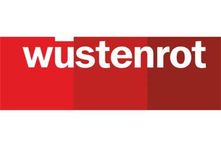 Lehrlingsportal.at Das Logo zeigt das Wort "wüstenrot" in weißen Kleinbuchstaben über drei roten Rechtecken in verschiedenen Farbtönen.