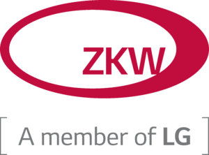 Lehrlingsportal.at ZKW-Logo mit einem roten Oval und roten Buchstaben. Darunter steht in grauer Schrift "A member of" und in fetten grauen Buchstaben "LG.