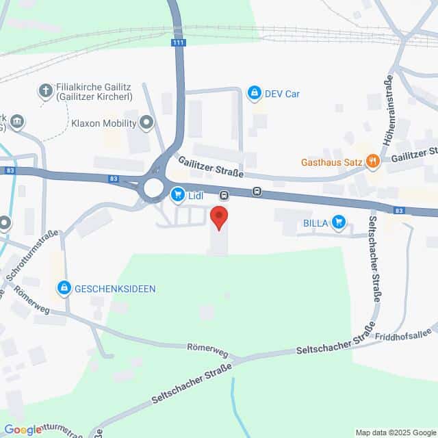 Lehrlingsportal.at Eine Karte, die den Standort einer Lidl-Filiale an der Kreuzung von Gailitzer Straße und Seltschacher Straße zeigt, mit Beschriftung der umliegenden Geschäfte und Straßen.
