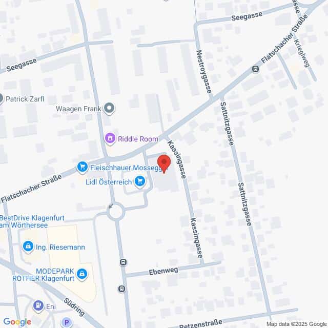 Lehrlingsportal.at Eine Karte der Kreuzung Flatschacher Straße und Koschatgasse in Klagenfurt, Österreich, mit Beschriftung der umliegenden Straßen und Sehenswürdigkeiten.
