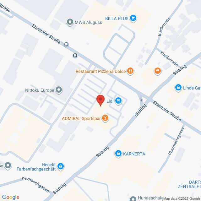 Lehrlingsportal.at Eine Karte zeigt den Standort einer Lidl-Filiale in der Nähe von Südtring und Ebenfurther Straße, umgeben von verschiedenen Geschäften und markiert mit einer roten Stecknadel.