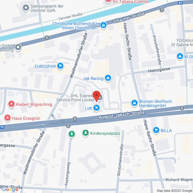 Lehrlingsportal.at Auf einer digitalen Karte wird ein Stadtgebiet mit Straßen, Unternehmen und Sehenswürdigkeiten angezeigt, in dessen Mittelpunkt ein Ort mit der Bezeichnung "DHL Express Service Point Locker" steht.