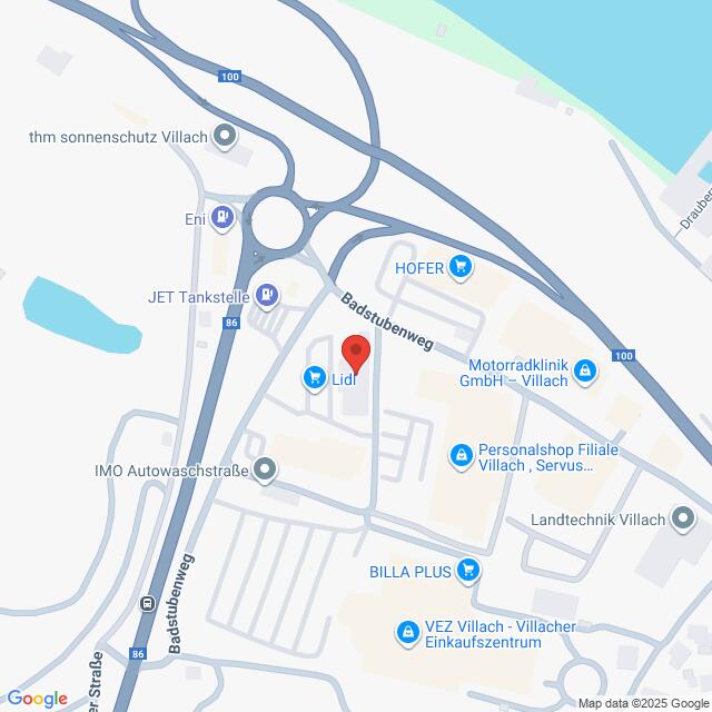 Lehrlingsportal.at Eine Karte, die die Gegend um den Badstubenweg in Villach, Österreich, zeigt und Orte wie Lidl, HOFER, BILLA PLUS sowie nahe gelegene Straßen und Geschäfte hervorhebt.