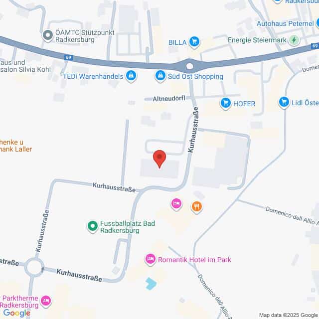Lehrlingsportal.at Karte eines Teils von Bad Radkersburg, Österreich, mit Hervorhebung der Kurhausstraße und nahegelegenen Sehenswürdigkeiten wie Geschäften, Hotels und einem Fußballplatz.