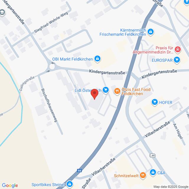 Lehrlingsportal.at Eine Karte, die den Standort von Lidl Österreich in Feldkirchen, Österreich, in der Nähe von Villacherstraße und Kindergartengasse zeigt, mit Beschriftung der umliegenden Geschäfte und Straßen.