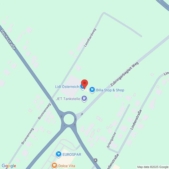 Lehrlingsportal.at Eine Karte, die den Standort von Lidl Österreich in der Nähe eines Kreisverkehrs zeigt, mit nahe gelegenen Standorten wie Billa Stop & Shop, JET Tankstelle und EUROSPAR.