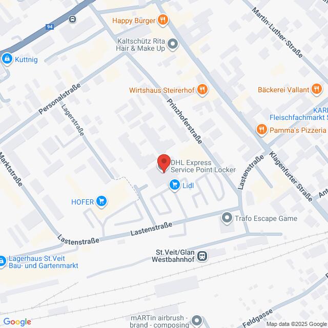 Lehrlingsportal.at Eine Karte zeigt die Lage des DHL Express Service Point Locker in der Lastenstraße in Wien, Österreich, in der Nähe von Geschäften wie Lidl, HOFER und Trafo Escape Game.