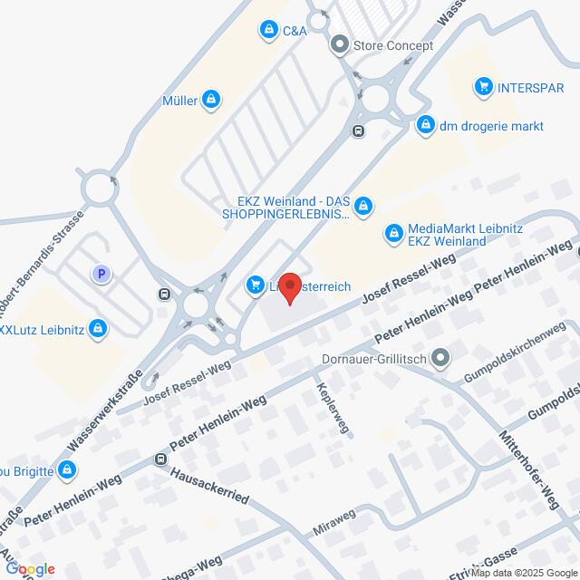 Lehrlingsportal.at Eine Karte, die die Lage des EKZ Weinland Einkaufszentrums am Josef Ressel Weg in Leibnitz, Österreich, zeigt, mit Beschriftung der umliegenden Straßen und Geschäfte.