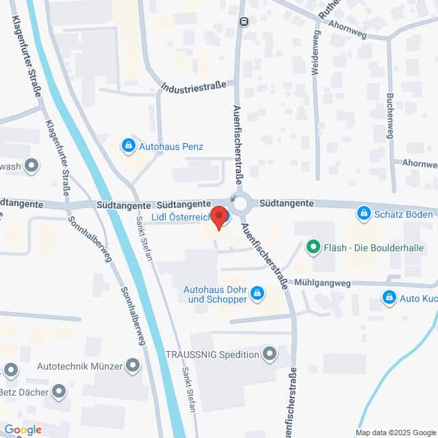 Lehrlingsportal.at Eine digitale Karte zeigt den Standort von Lidl Österreich an der Südtagente und der Außenfeschstraße in einem städtischen Gebiet mit Beschriftung der umliegenden Geschäfte und Straßen.