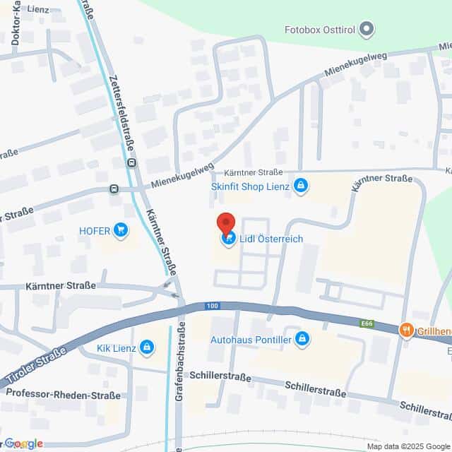 Lehrlingsportal.at Karte mit der Lage von Lidl Österreich in Lienz, Österreich, mit Markierung der nahe gelegenen Straßen und Sehenswürdigkeiten wie Hofer und Fotobox Osttirol.
