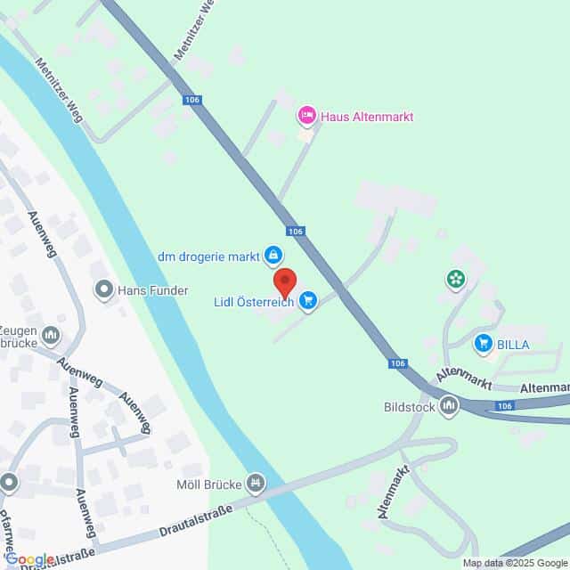 Lehrlingsportal.at Karte mit der Lage von Lidl Österreich, dm drogerie markt und nahegelegenen Sehenswürdigkeiten wie BILLA und Haus Altenmarkt in Altenmarkt, Österreich.