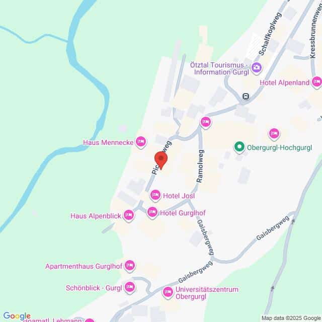 Lehrlingsportal.at Eine Karte mit der Lage mehrerer Hotels und Sehenswürdigkeiten in Obergurgl, Österreich, einschließlich Hotel Josl, Haus Mennecke und Universitätszentrum Obergurgl.