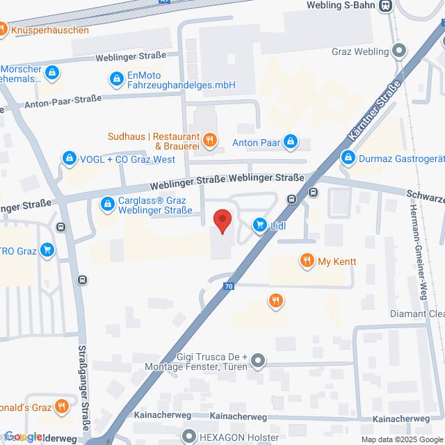 Lehrlingsportal.at Karte mit dem Standort eines Lidl-Supermarkts in der Weblinger Straße in Graz, Österreich, mit Beschriftung der umliegenden Straßen und Geschäfte.