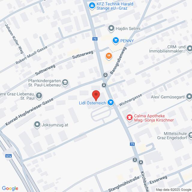Lehrlingsportal.at Karte mit der Lage von Lidl Österreich in der Konrad-Hopferwieser-Gasse in Graz, Österreich, mit Beschriftung der umliegenden Straßen, Geschäfte und Sehenswürdigkeiten.