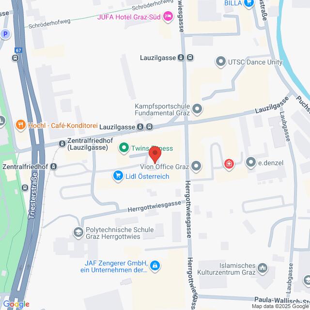 Lehrlingsportal.at Karte eines Ausschnitts von Graz, Österreich, mit Hervorhebung der Herrgottwiesgasse und der umliegenden Straßen, Geschäfte und Sehenswürdigkeiten wie Lidl Österreich und Zentralfriedhof.