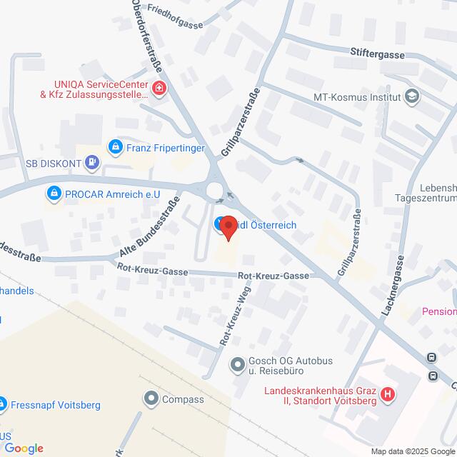 Lehrlingsportal.at Eine digitale Karte mit Straßen und Unternehmen in Graz, Österreich, zentriert auf einer roten Standortmarkierung beim ÖAMTC Graz. Nahegelegene Straßen und Sehenswürdigkeiten sind beschriftet.