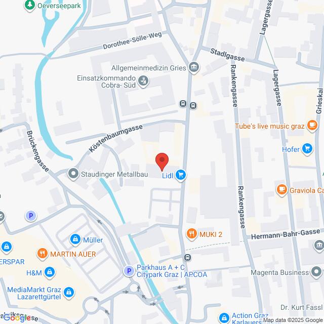 Lehrlingsportal.at Karte mit einem Ausschnitt von Graz, Österreich, auf der Sehenswürdigkeiten wie Lidl, MARTIN AUER, H&M und das Parkhaus A + C zusammen mit nahe gelegenen Straßen und Geschäften markiert sind.