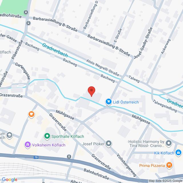 Lehrlingsportal.at Eine Karte, die einen Teil von Köflach, Österreich, zeigt, mit Straßen, Geschäften und einem roten Standortpin in der Nähe von Lidl Österreich am Bachweg.
