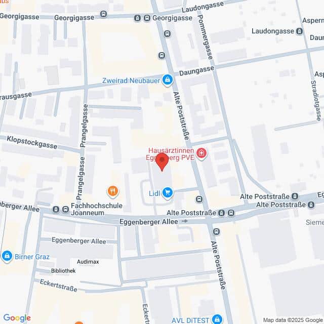 Lehrlingsportal.at Eine Karte, die einen Ausschnitt von Graz, Österreich, zeigt, mit Straßen wie der Alten Poststraße und der Eggenberger Allee und Orten wie Lidl und der Fachhochschule Joanneum.
