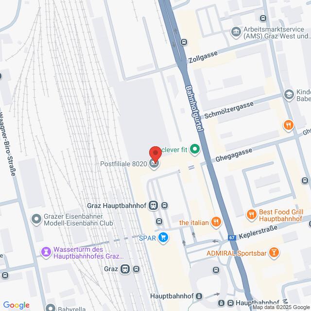 Lehrlingsportal.at Karte der Umgebung des Grazer Hauptbahnhofs in Graz, Österreich, mit Beschriftung der umliegenden Straßen, Geschäfte und Sehenswürdigkeiten.