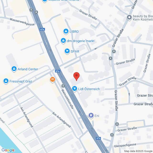 Lehrlingsportal.at Karte mit der Lage von Lidl Österreich in der Weissenhoferstraße in Graz, Österreich, mit Beschriftung der umliegenden Geschäfte und Straßen.