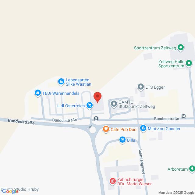 Lehrlingsportal.at Karte mit der Lage mehrerer Geschäfte und Sehenswürdigkeiten entlang der Bundesstraße in Zeltweg, Österreich, einschließlich Lidl Österreich, Café Pub Duo und ÖAMTC Stützpunkt Zeltweg.