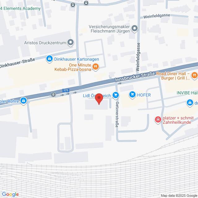 Lehrlingsportal.at Karte, die den Standort einer Lidl-Filiale in der Innsbrucker Straße in einem städtischen Gebiet zeigt, mit Beschriftung der umliegenden Straßen und Geschäfte.