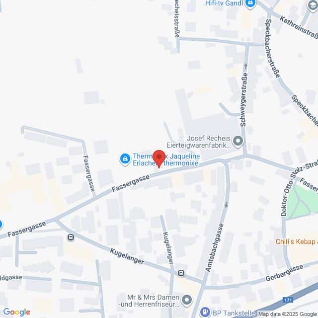 Lehrlingsportal.at Eine Karte mit den Straßen Fassergasse, Amtsbachgasse und Kugelanger, mit einer Markierung bei den Thermen Erlach und einer Beschriftung der umliegenden Geschäfte.