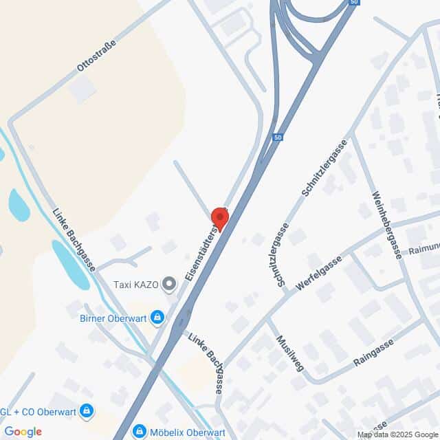 Lehrlingsportal.at Die Karte zeigt einen Abschnitt von Oberwart, Österreich, mit Straßen wie der Linken Bachgasse, der Eisenerzerstraße und der Ottostraße in der Nähe eines Autobahnknotens.