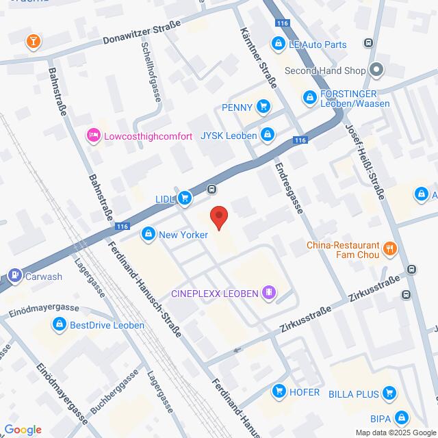 Lehrlingsportal.at Karte eines Teils von Leoben, Österreich, mit Markierungen für verschiedene Unternehmen und Straßen, darunter LIDL, New Yorker und Cineplexx Leoben.