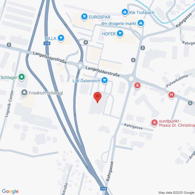 Lehrlingsportal.at Karte der Umgebung von Langefelderstraße und Kehrgasse in Trofaiach, Österreich, mit Markierung der umliegenden Geschäfte und medizinischen Einrichtungen. Eine rote Standortnadel markiert eine bestimmte Adresse.