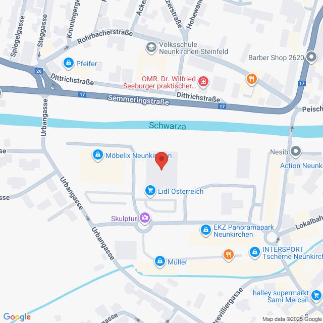 Lehrlingsportal.at Karte mit der Lage von Lidl Österreich in Neunkirchen, Österreich, mit Markierung der nahe gelegenen Straßen, Geschäfte und des Flusses Schwarza.