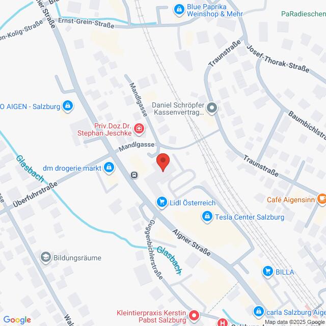 Lehrlingsportal.at Eine Karte, die die Kreuzung von Mandlgasse und Aigner Straße in Salzburg, Österreich, zeigt, mit Beschriftung der nahe gelegenen Geschäfte und Sehenswürdigkeiten.